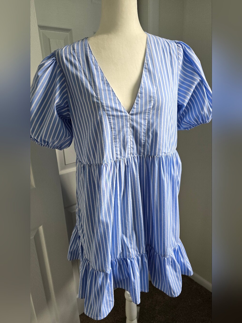 Every Poplin Striped Blue And White Mini Dress, Size: L